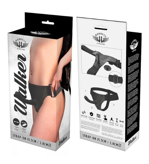 Ham strap-on cu dildo negru și mască pentru ochi