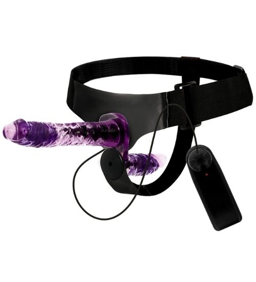 Strap-on dublu violet cu vibrații reglabile
