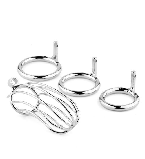 Cușcă metalică pentru penis cu lacăt și 3 inele