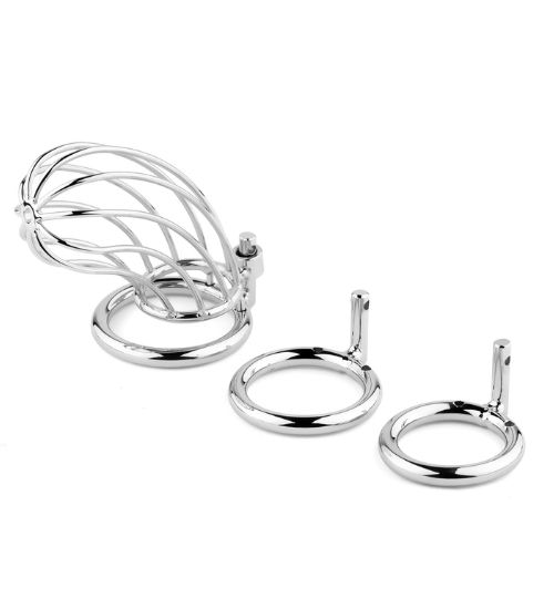 Cușcă metalică pentru penis cu lacăt și 3 inele