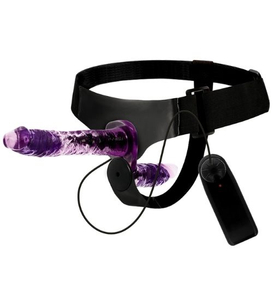 Strap-on dublu violet cu vibrații reglabile