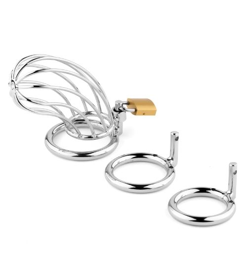 Cușcă metalică pentru penis cu lacăt și 3 inele