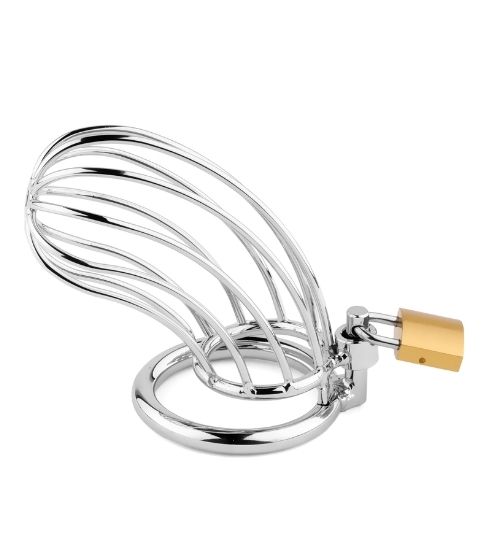 Cușcă metalică pentru penis cu lacăt și 3 inele