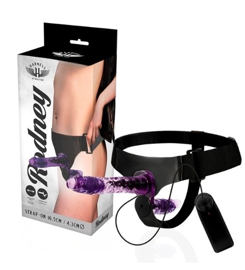 Strap-on dublu violet cu vibrații reglabile